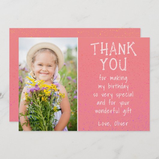 女の子の写真 ピンク キッズの誕生日 サンキューカード (正面/裏面)