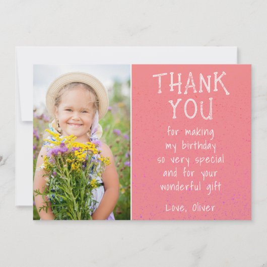 女の子の写真 ピンク 子どもの誕生日 サンキューカード (正面)