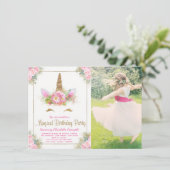 女の子の写真 ユニコーンの顔 誕生日パーティーの招待状 招待状 (スタンド正面)