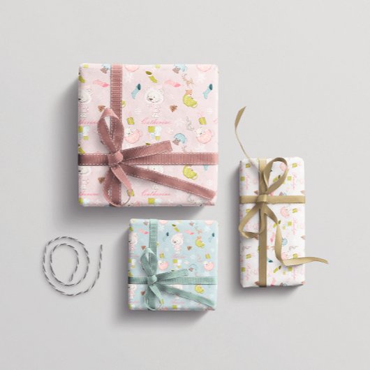 女の子の冬のクマのクリスマス ラッピングペーパーシート