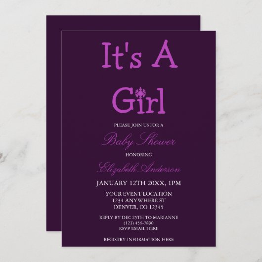 女の子の冬のスノーフレーク赤ちゃんシャワー 招待状 (正面/裏面)