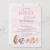 女の子の冬の森　1歳の誕生日パーティー招待状 招待状 (正面)
