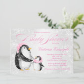 女の子の冬の赤ちゃんペンギン ベビーシャワー招待状 招待状 (スタンド正面)
