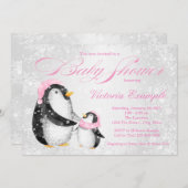 女の子の冬の赤ちゃんペンギン ベビーシャワー招待状 招待状 (正面/裏面)