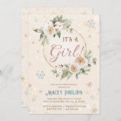 女の子の冬ワンダーランド赤ちゃんシャワー散水 招待状 (正面/裏面)