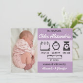 女の子の出生統計 パープル アナウンスメント 案内状 (スタンド正面)