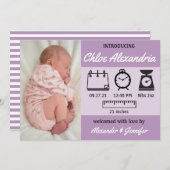 女の子の出生統計 パープル アナウンスメント 案内状 (正面/裏面)