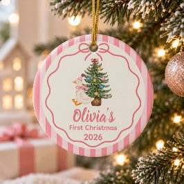 女の子の初めてのクリスマス かわいいガチョウ ピンクのストライプ セラミックオーナメント