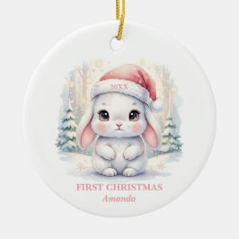 女の子の初めてのクリスマス ピンクのウサギの写真 セラミックオーナメント