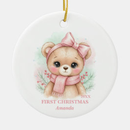 女の子の初めてのクリスマス ピンクのテディベアの写真 セラミックオーナメント