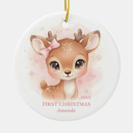 女の子の初めてのクリスマス ピンクのトナカイ 写真 セラミックオーナメント