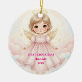 女の子の初めてのクリスマス ピンクの天使の写真 セラミックオーナメント