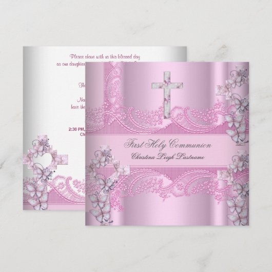 女の子の初めての聖体拝領 ライトピンクレース 招待状 (正面/裏面)