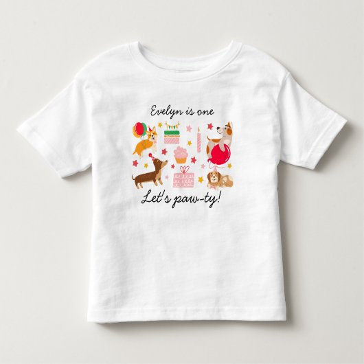 女の子の初めての誕生日おめでとう！かわいいパーティー犬 トドラーTシャツ (正面)
