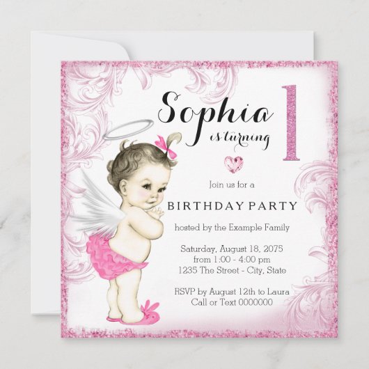 女の子の初めての誕生日パーティー ピンクの天使 招待状 (正面)