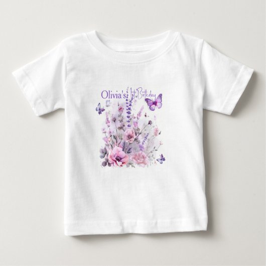 女の子の初めての誕生日 ラベンダー色の蝶々 ウォーターカラー ベビーTシャツ (正面)