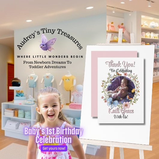 女の子の初めての誕生日 春の蝶 サンキューカード