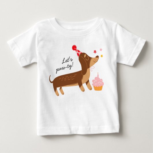 女の子の初めての誕生日 Let's Pawty かわいいパーティードッグ ベビーTシャツ (正面)