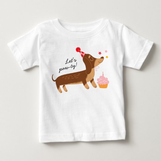 女の子の初めての誕生日 Let's Pawty かわいいパーティー犬 ベビーTシャツ (正面)