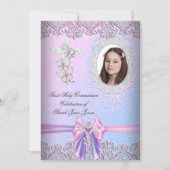 女の子の初聖体拝領　かわいいピンクの写真 招待状 (正面)