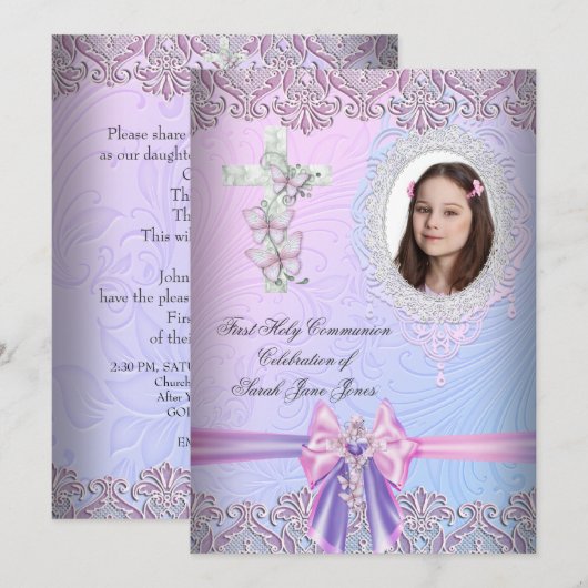 女の子の初聖体拝領　かわいいピンクの写真 招待状 (正面/裏面)