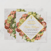 女の子の初聖体拝領 カーネーション ゴールドクロス 花 招待状 (正面/裏面)