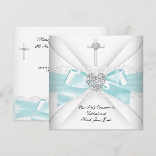 女の子の初聖体拝領　ターコイズ　ホワイト　シルバー　ハート 招待状 (正面/裏面)
