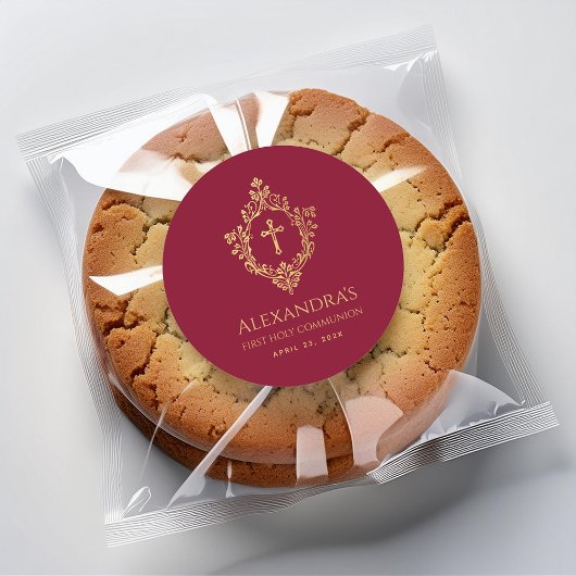 女の子の初聖体拝領 バーガンディ ゴールド クレスト 宗教的 ラウンドシール