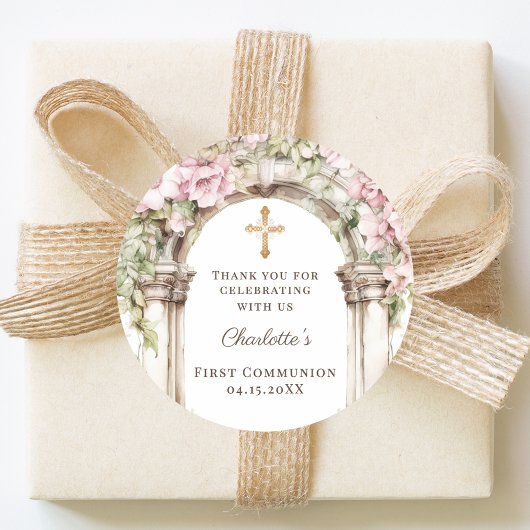 女の子の初聖体拝領 ピンクの花のアーチ 十字架 ラウンドシール