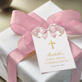女の子の初聖体拝領 ピンクの花の蝶結び & ゴールドの十字架 ギフトタグ