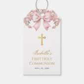 女の子の初聖体拝領 ピンクの花の蝶結び & ゴールドの十字架 ギフトタグ (正面)