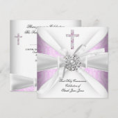 女の子の初聖体拝領 ピンクダマスク 白 銀 招待状 (正面/裏面)