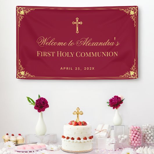 女の子の初聖体拝領　ワインレッド　ゴールド　クロス　エレガント 横断幕