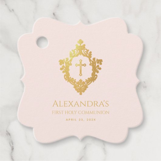 女の子の初聖体 ピンク 偽金 ヴィンテージ クレスト フェイバータグ (正面)