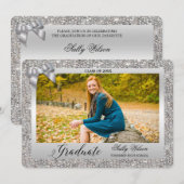 女の子の卒業写真のための偽のシルバー シーケンス ボウ 招待状 (正面/裏面)