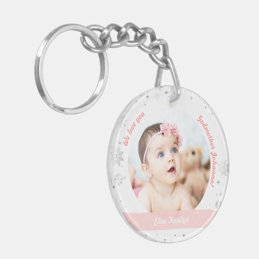 女の子の双子の赤ちゃん2枚の写真がゴッドマザー・スノーに キーホルダー (正面左)