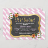 女の子の双子ベイビーシャワー 花柄ストライプ ピンクの招待状 招待状 (正面/裏面)