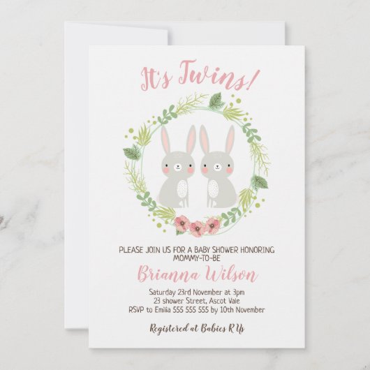 女の子の双生児のバニーのベビーシャワーの招待状 招待状 (正面)
