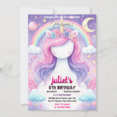 女の子の可愛い紫とピンクのユニコーンの1歳の誕生日 招待状 (正面)