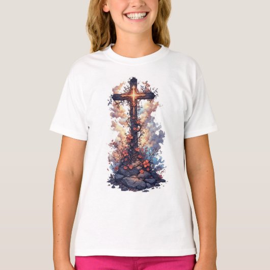 女の子の可愛い花柄キリストの十字架Tシャツ Tシャツ (正面)