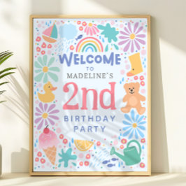 女の子の可愛い虹色のプール2歳の誕生日ウェルカム ポスター