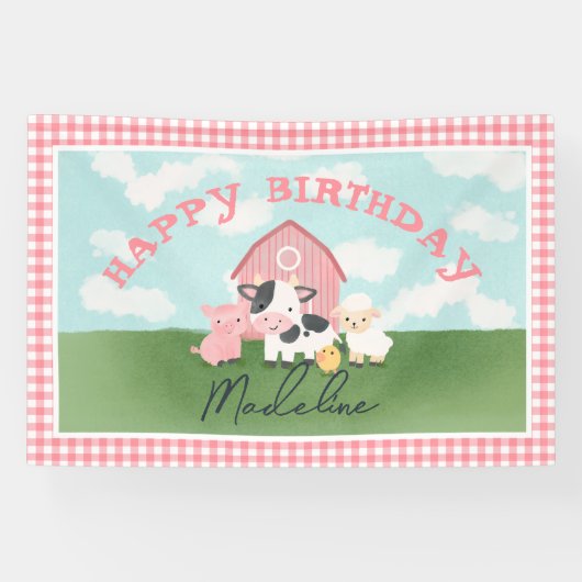 女の子の可愛い農場動物の牧場の誕生日 横断幕 (横)