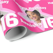 女の子の名前あなたの写真を追加16th誕生日ピンクの星 ラッピングペーパー (ロールコーナー)