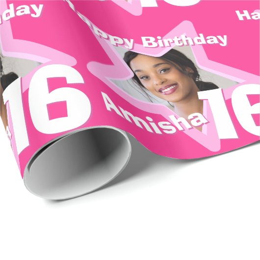 女の子の名前あなたの写真を追加16th誕生日ピンクの星 ラッピングペーパー (ロールコーナー)