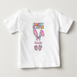 女の子の名前とイースターバニー ピンク ベビーTシャツ