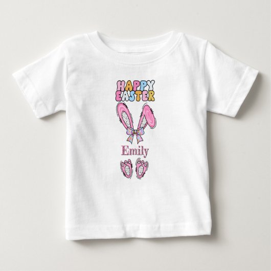女の子の名前とイースターバニー ピンク ベビーTシャツ (正面)