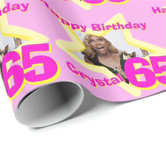 女の子の名前の写真65th誕生日ピンクと黄色の星 ラッピングペーパー (ロールコーナー)