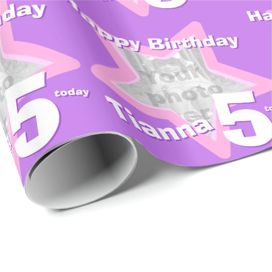 女の子の名前の年齢あなたの写真の紫色の星模様を追加 ラッピングペーパー (ロールコーナー)