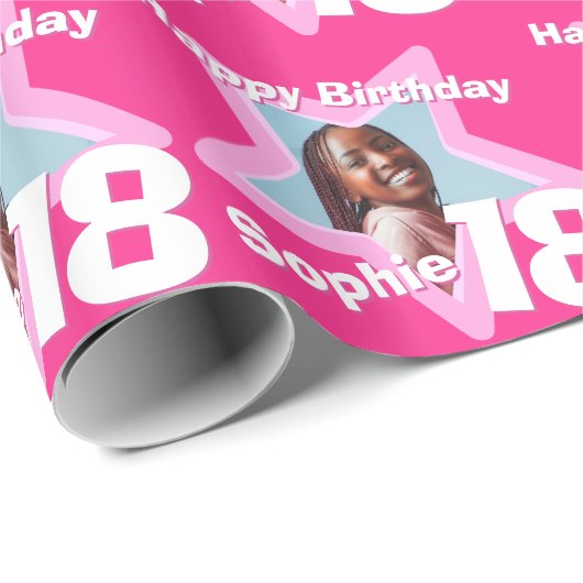 女の子の名前の年齢18あなたの写真のピンクの星のパターンを追加 ラッピングペーパー (ロールコーナー)