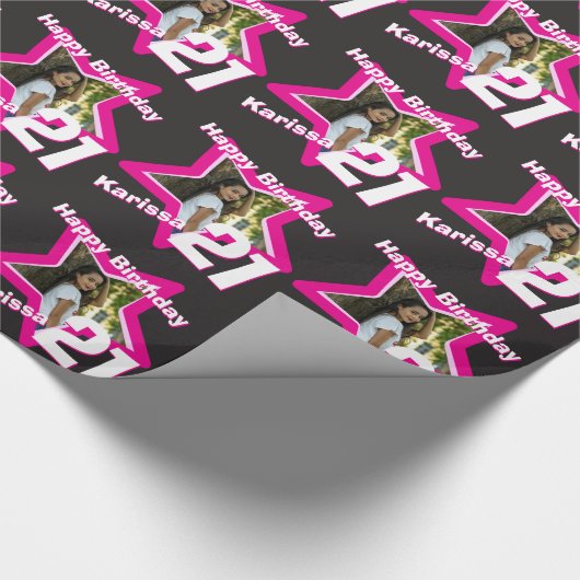 女の子の名前の年齢21あなたの写真のピンクの星のパターンを追加 ラッピングペーパー (角)